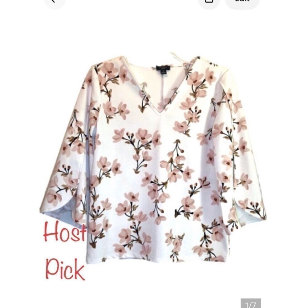 Ann Taylor Floral Top with 3/4 Length Tulip Sleeves in Cream/Brown Women’s PS
